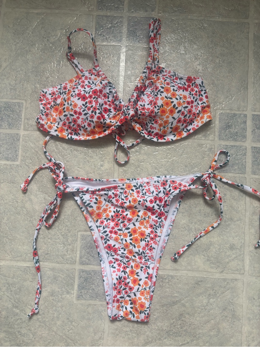 SHEIN White Floral Tie-Side Bikini with Red & Orange Flowers